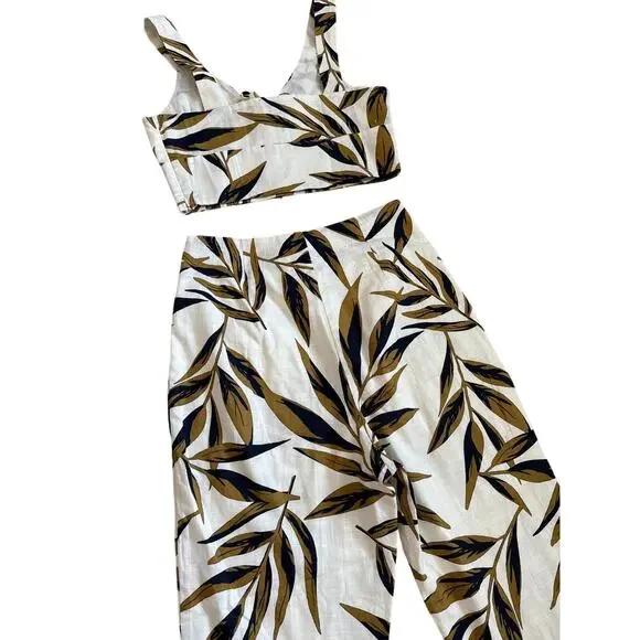 J.O.A Tropical Palm Print Cotton Crop Top & High-Waisted Ankle Pant Set Size XS‎ - Picture 6 of 10